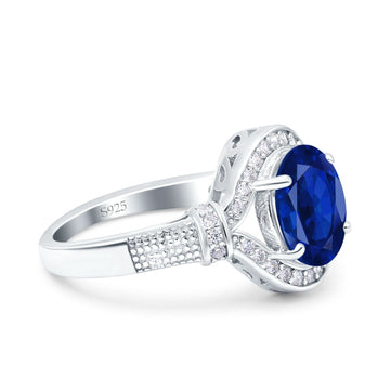Oval Art Deco Wedding Ring Accent Vintage Simulated Blue Sapphire CZ 925 Sterling Silver